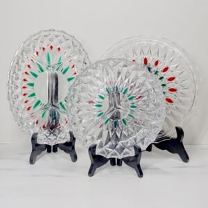 glazen transparante vintage taartschotel met rood en groene versiering Walther-glas Duitsland hapjesschotel